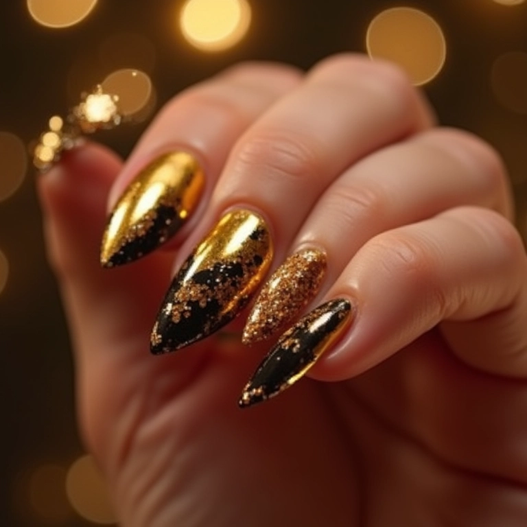 Unhas douradas com detalhes em preto para o Ano Novo.