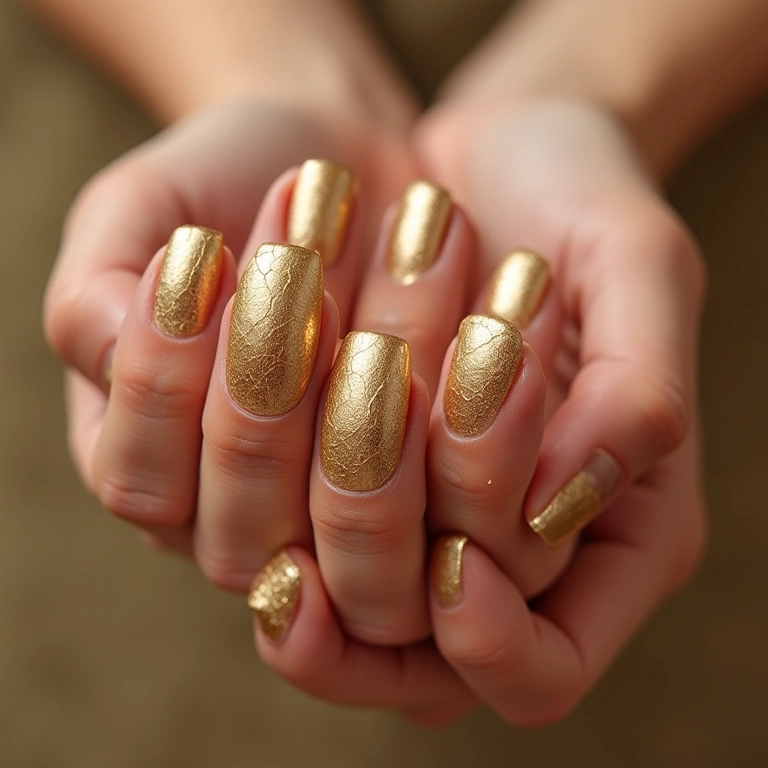 Unhas douradas com esmalte craquelado em diversas mãos.