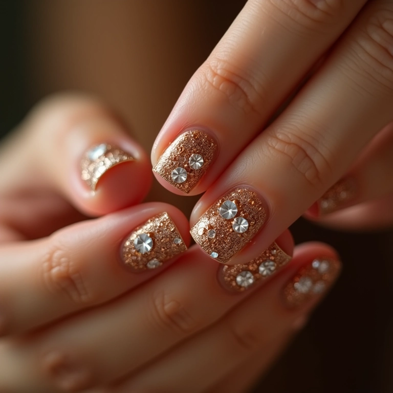 Unhas douradas com pedrarias em mãos de diferentes etnias.