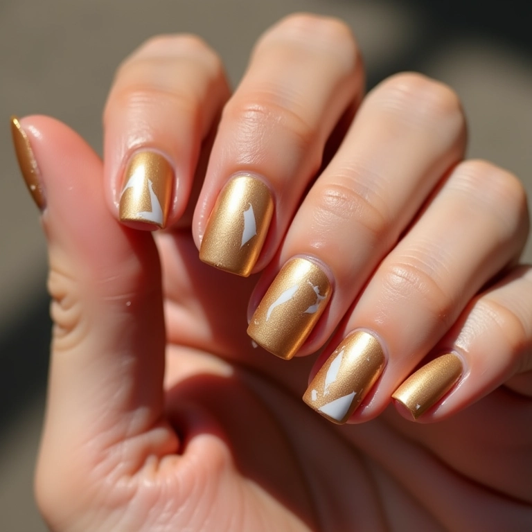 Unhas douradas geométricas em mãos de diferentes tons de pele.