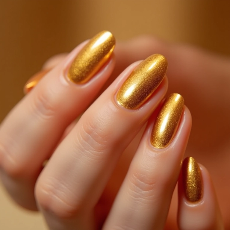 Unhas douradas metalizadas em pele clara.