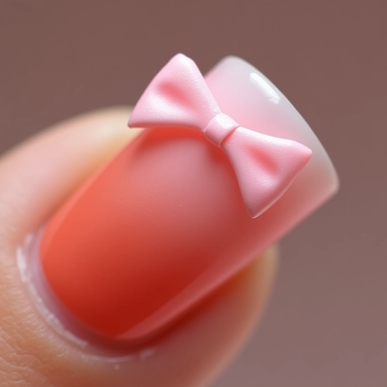 Unhas em degradê com detalhes de laço.