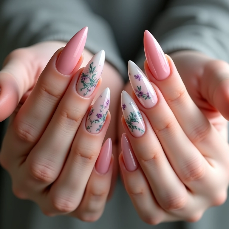 Unhas em fibra de vidro decoradas com adesivos.