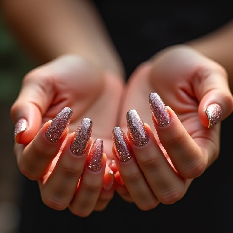 Unhas em fibra de vidro decoradas com glitter.