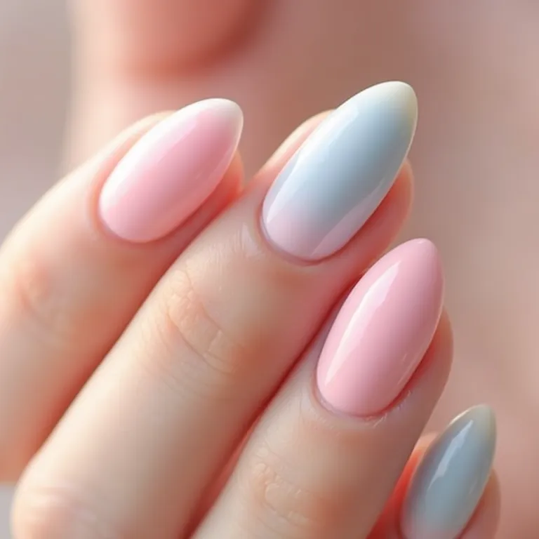 Unhas em formato amendoado, estilo Kpop, com cores pastel suaves e elegantes.