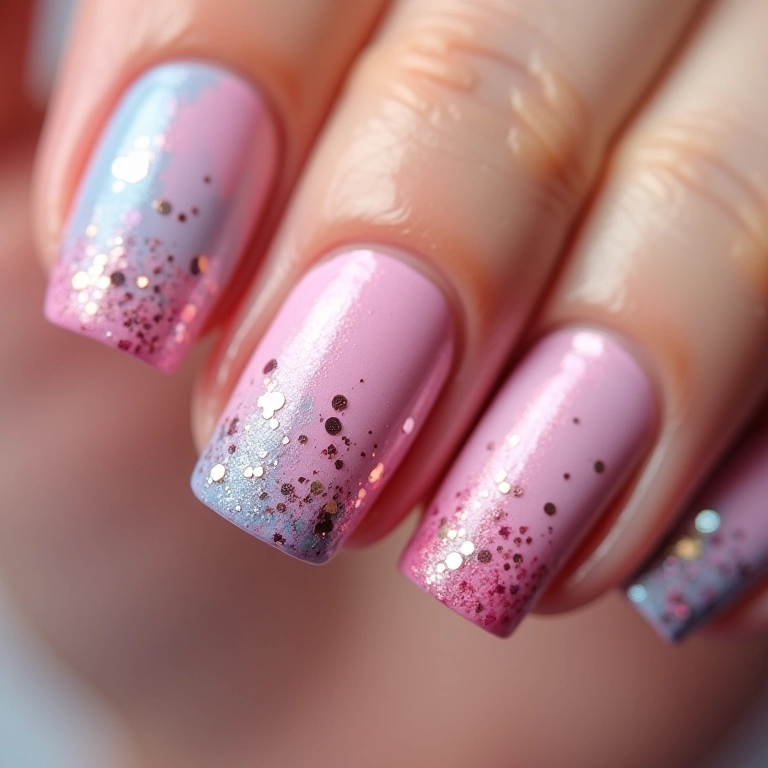 Unhas em tons pastel com detalhes em glitter.