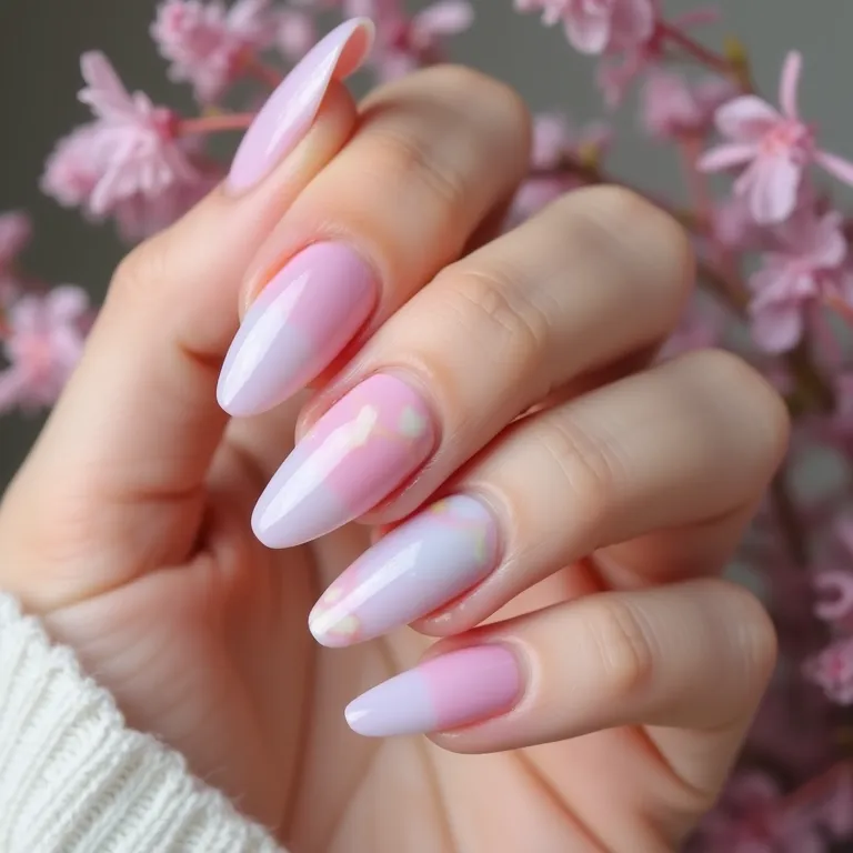 Unhas em tons pastel reinventados com detalhes florais delicados.