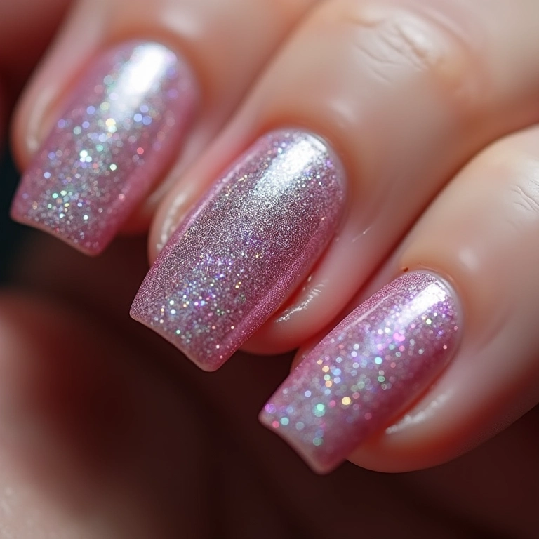 Unhas encapsuladas com glitter.