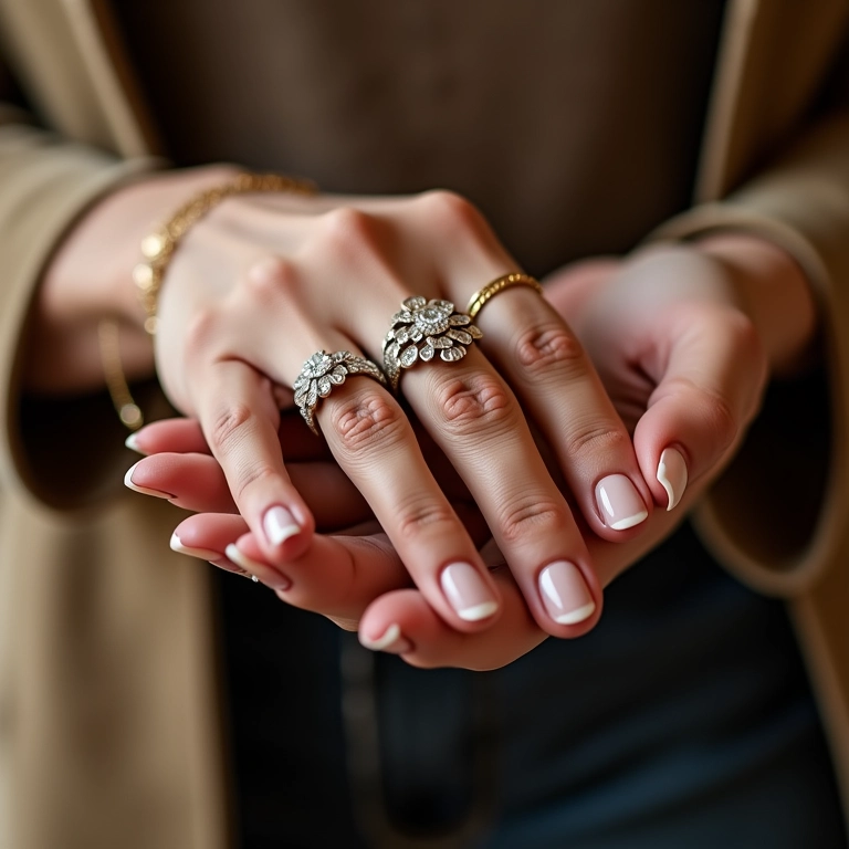 Unhas esmaltadas com acessórios complementares.