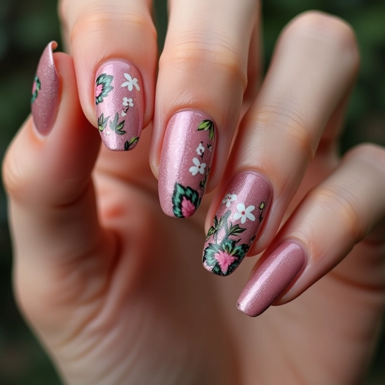 Unhas estilo boho chic com flores, mandalas e penas.