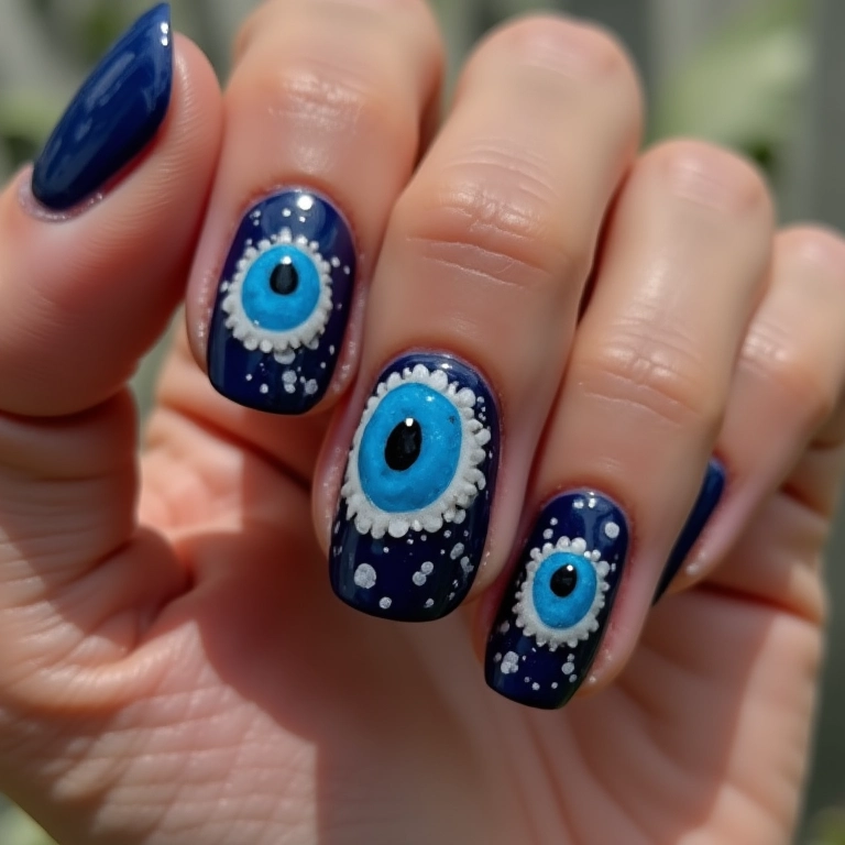 Unhas filha única com destaque para o olho grego azul.