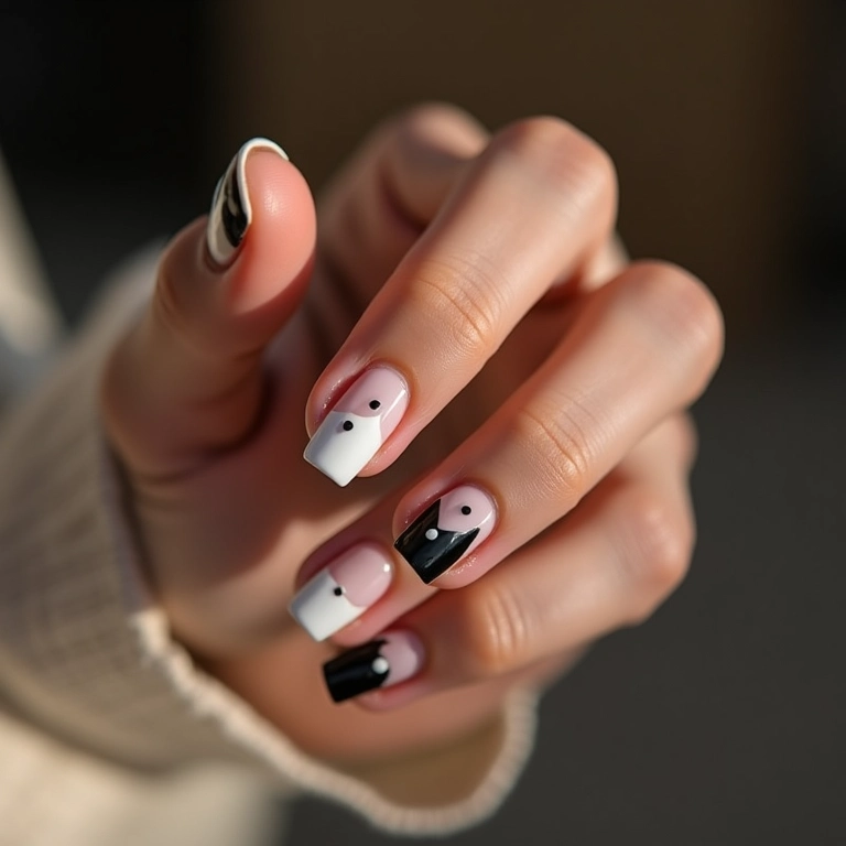 Unhas filha única em preto e branco, detalhe elegante e minimalista.