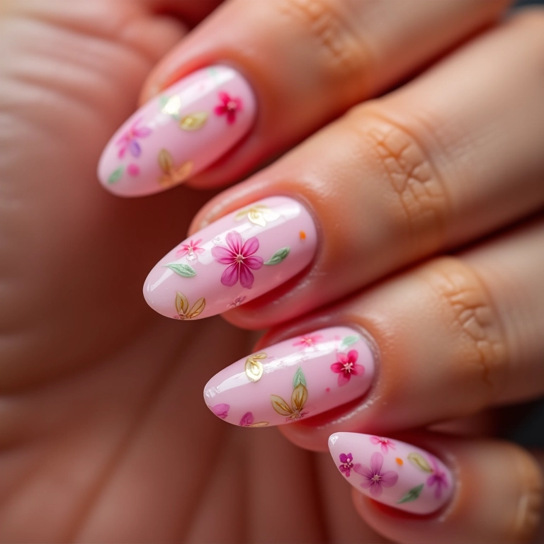 Unhas florais com cores delicadas e detalhes encantadores.