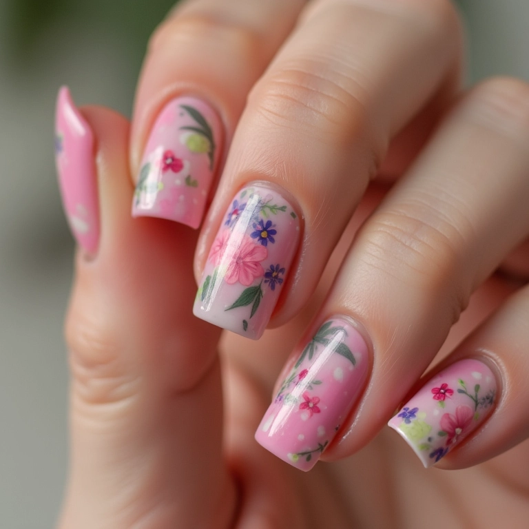 Unhas florais delicadas pintadas à mão em tons pastel.