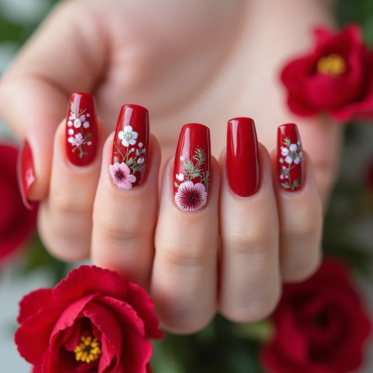 Unhas florais vermelhas e brancas, flores delicadas.