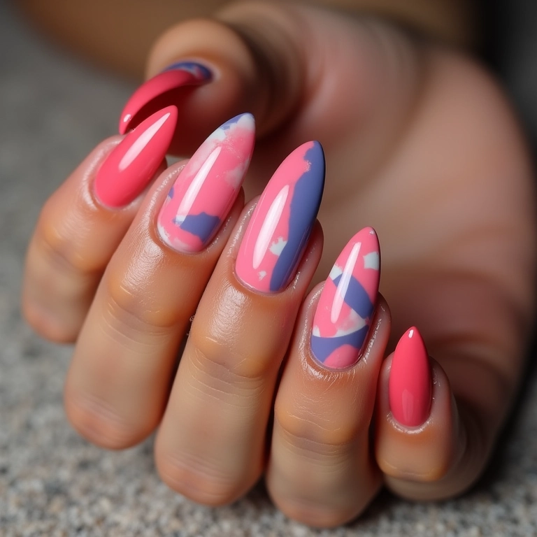 Unhas formato amêndoa com nail art geométrica, modernas e ousadas.