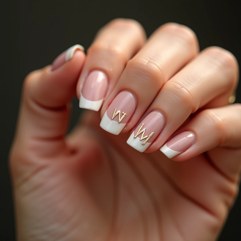 Unhas francesinhas com a inicial W na ponta, design clássico e elegante.
