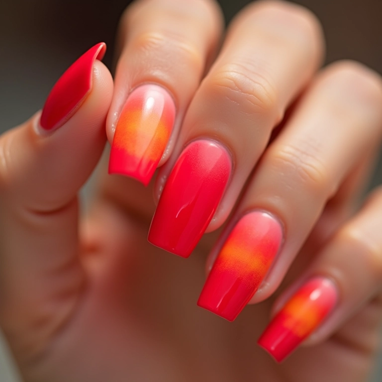 Unhas francesinhas com cores de pôr do sol nas pontas.
