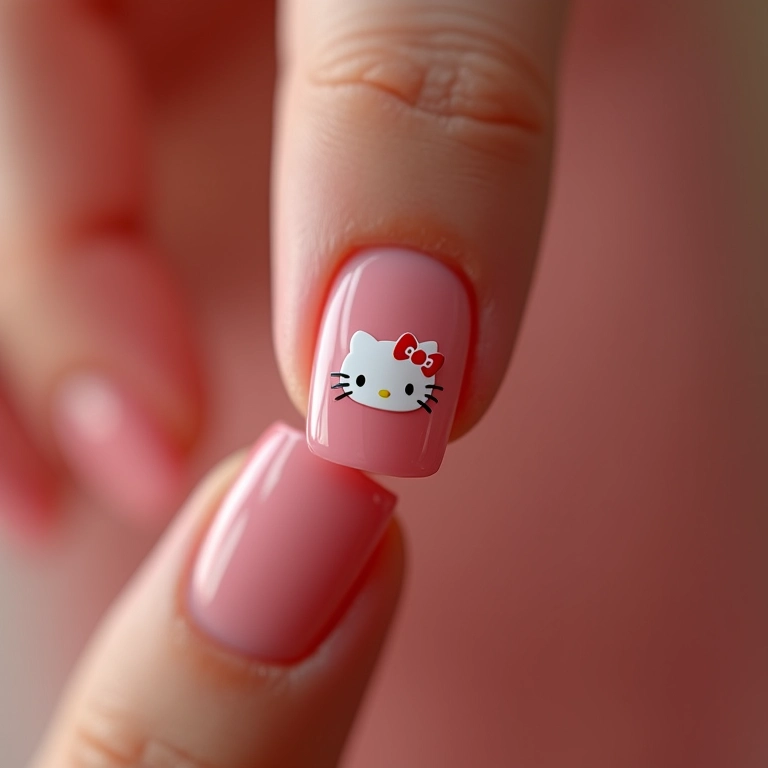 Unhas francesinhas com detalhe Hello Kitty minimalista.