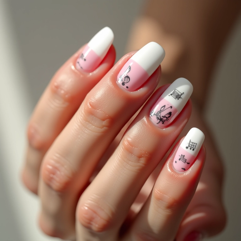 Unhas francesinhas com detalhes de notas musicais.