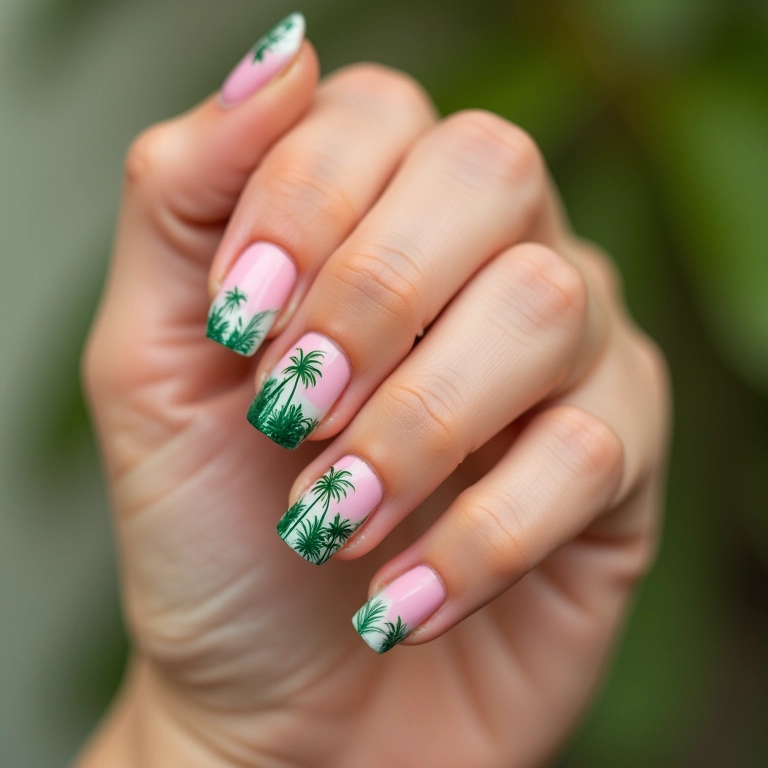 Unhas francesinhas com detalhes tropicais e o verde do Palmeiras.