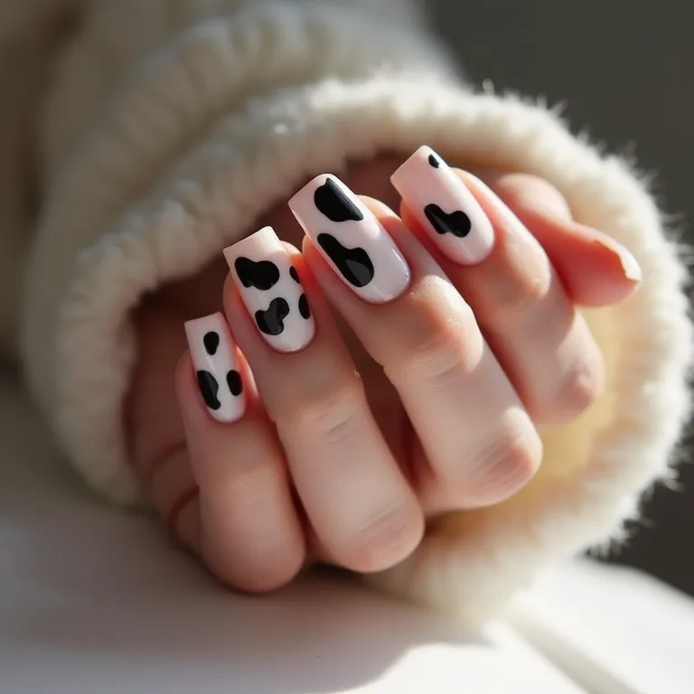 Unhas francesinhas com estampa de vaca, design elegante e minimalista.