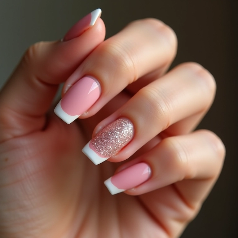 Unhas francesinhas rosa com glitter delicadas.