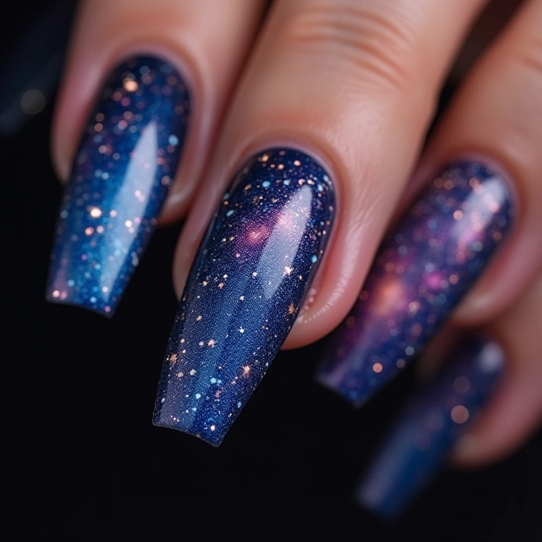 Unhas galáxia com aplicação de glitter fino.
