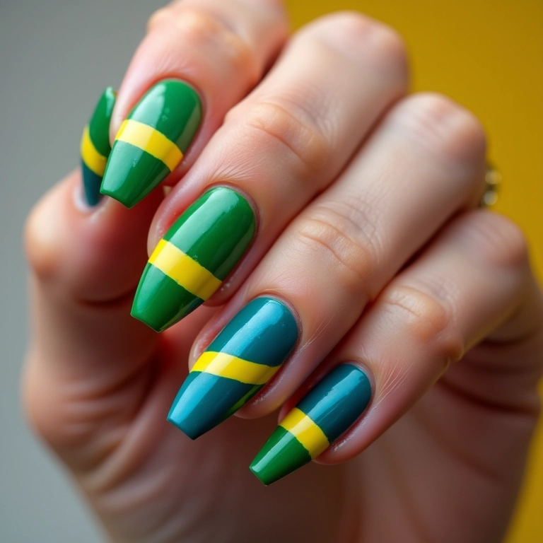 Unhas geométricas com as cores da bandeira do Brasil.