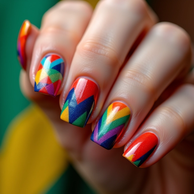 Unhas geométricas com cores vibrantes em mãos diversas.