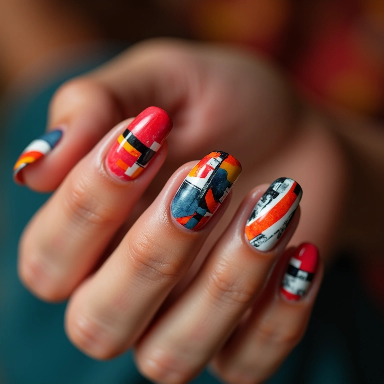 Unhas geométricas com design moderno e cores vibrantes.