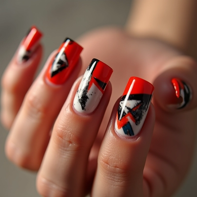Unhas geométricas com design moderno e cores vibrantes.