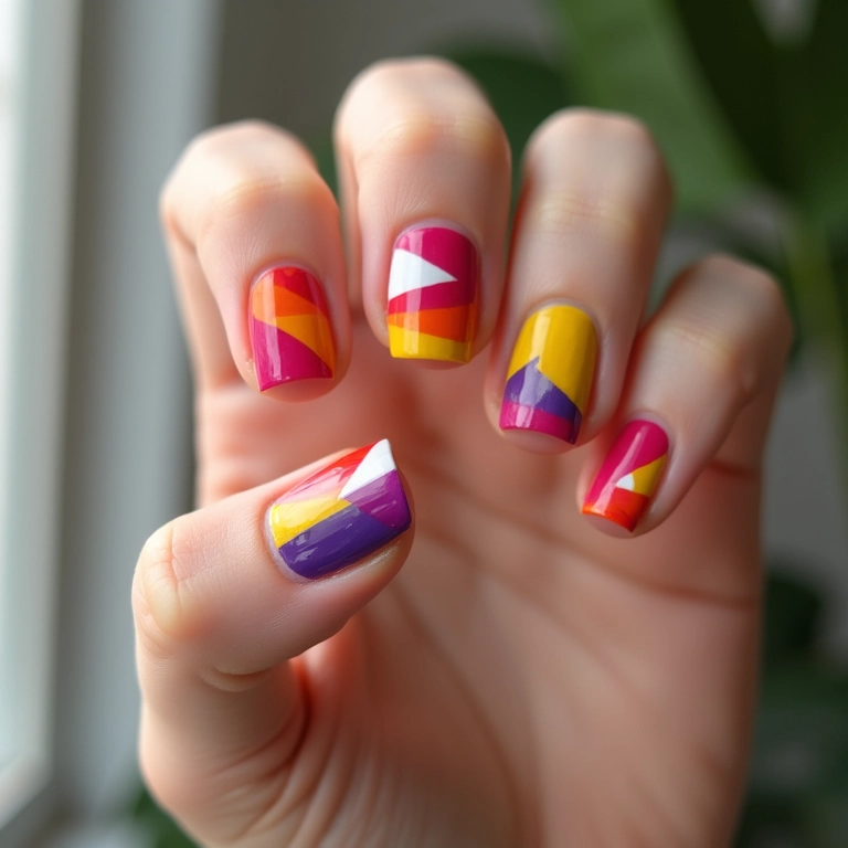 Unhas geométricas com fita adesiva.