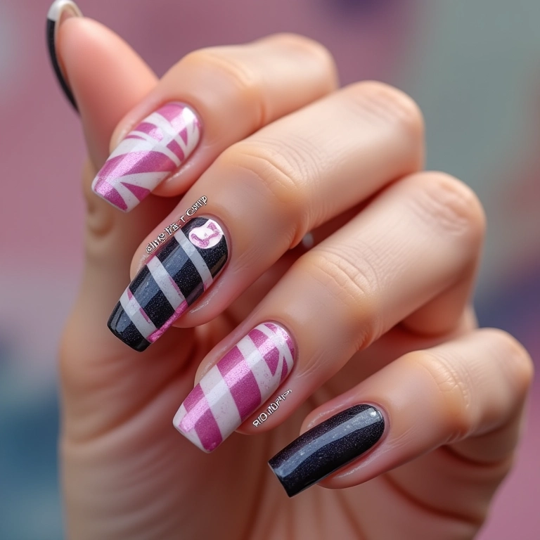 Unhas geométricas com fitilho, um visual moderno e ousado.