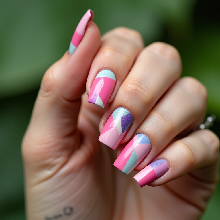 Unhas geométricas com formas e cores em harmonia.