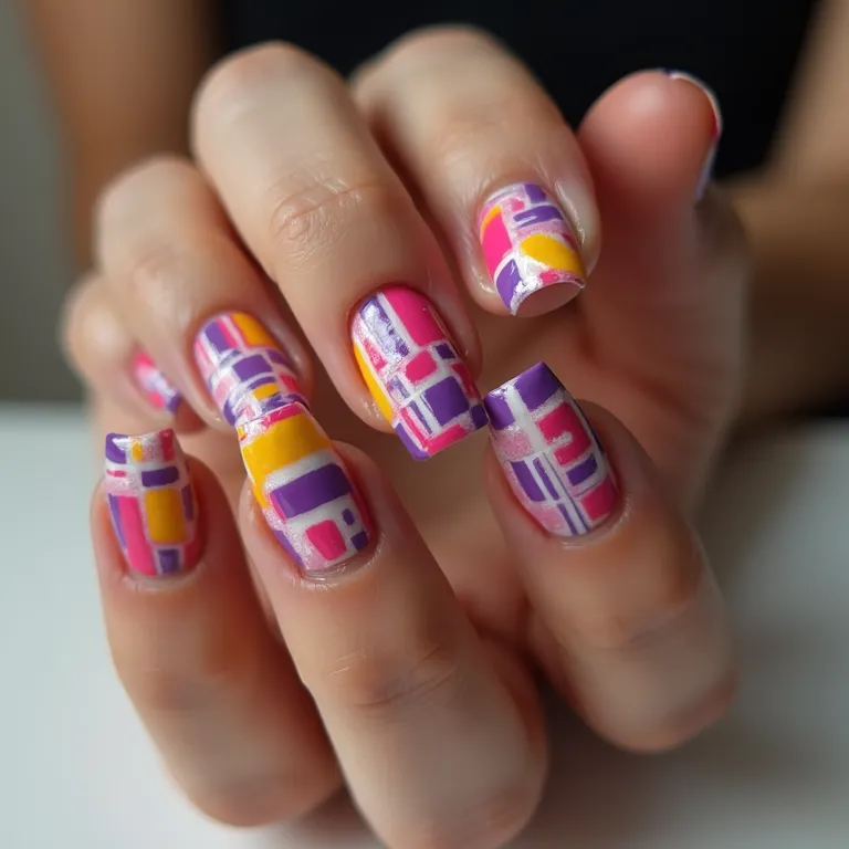 Unhas geométricas com formas ousadas e cores contrastantes, em estilo moderno.