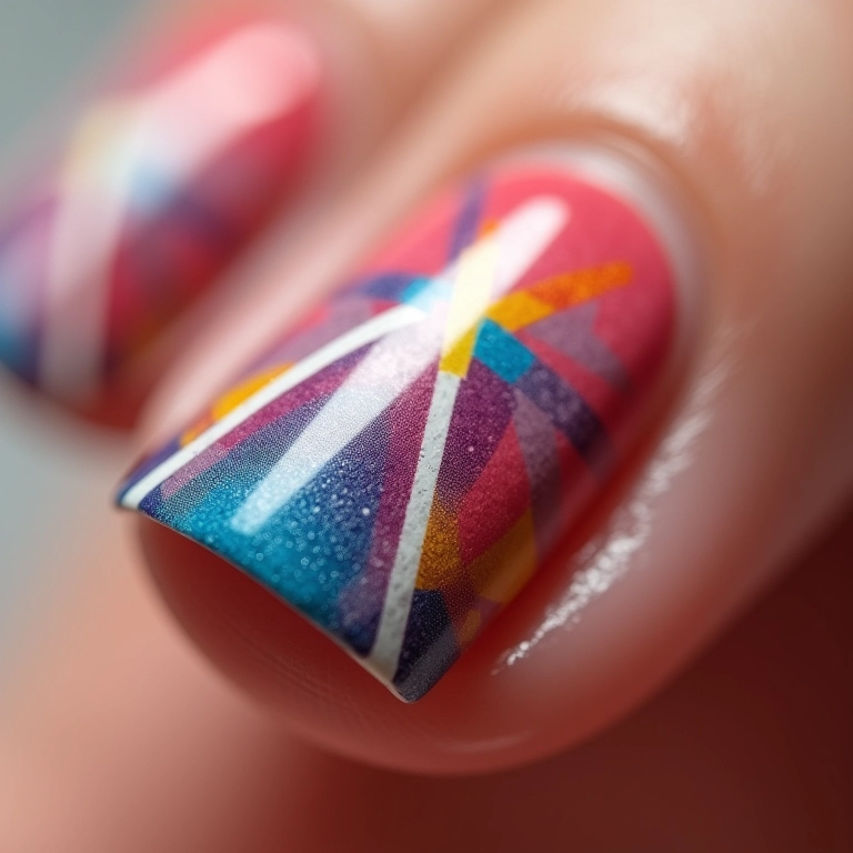 Unhas geométricas com linhas e triângulos coloridos para um visual moderno.