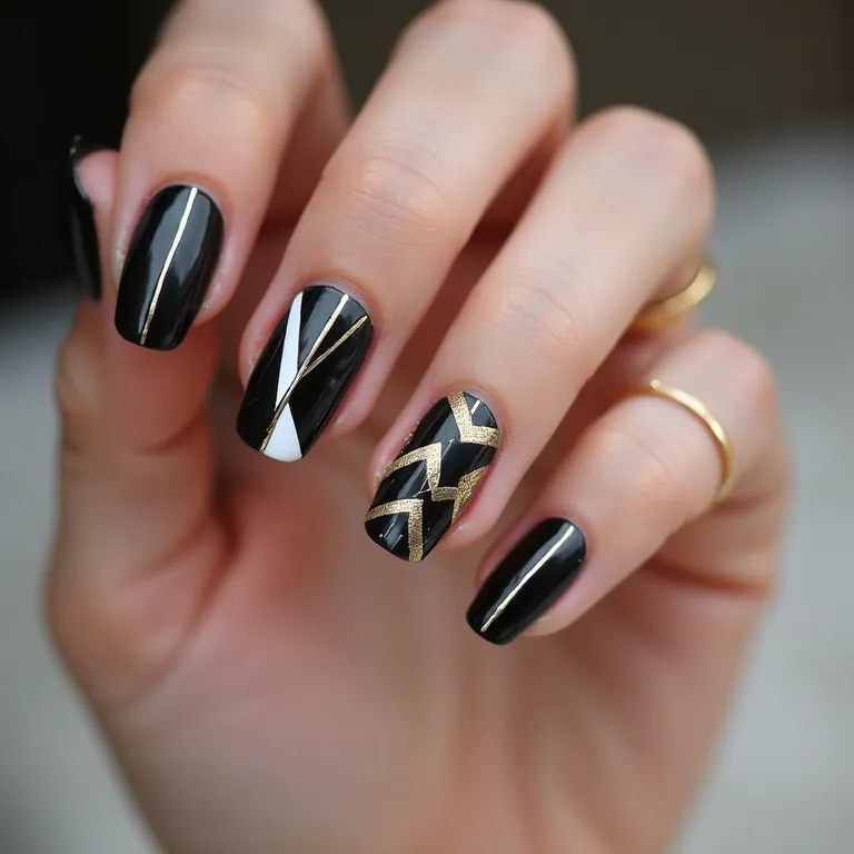 Unhas geométricas com linhas pretas, brancas e douradas.