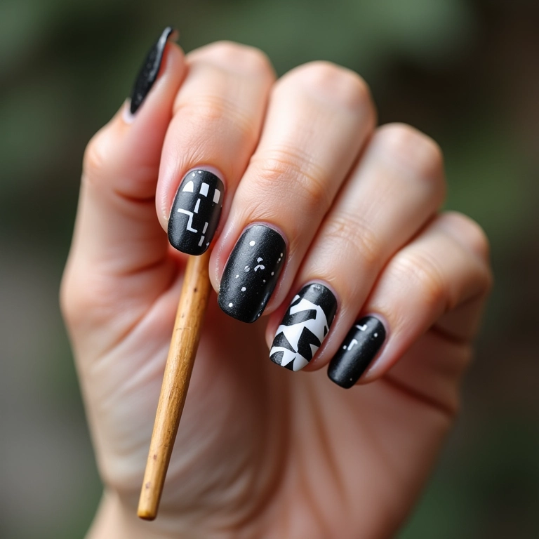 Unhas geométricas com palito, design moderno e estiloso em preto e branco.