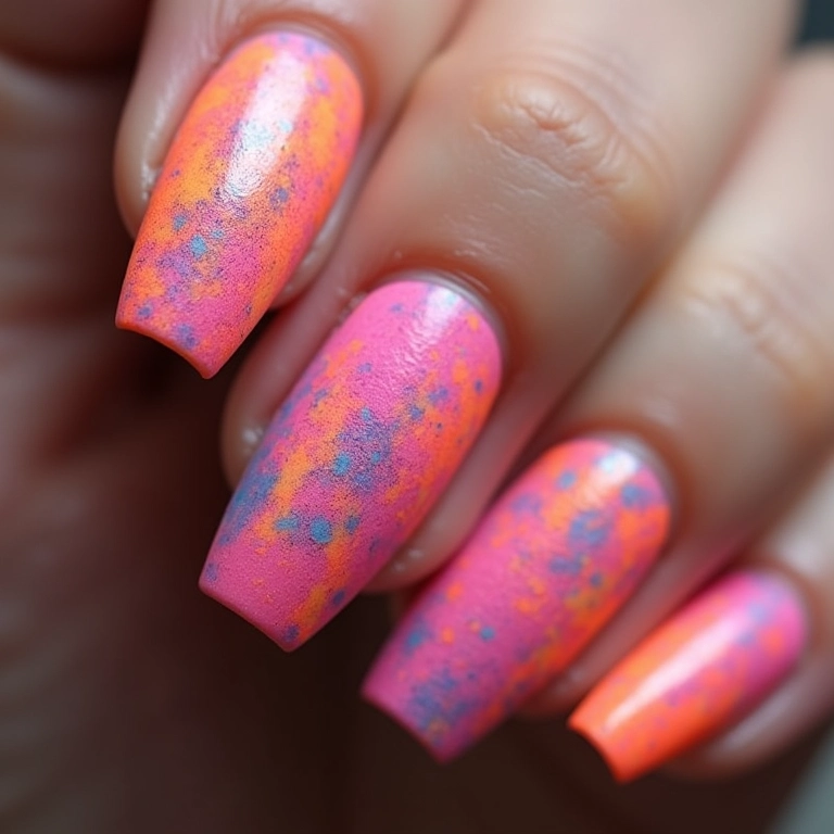 Unhas geométricas com pó neon.