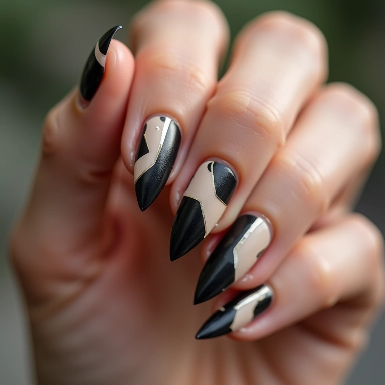Unhas geométricas em preto e bege.