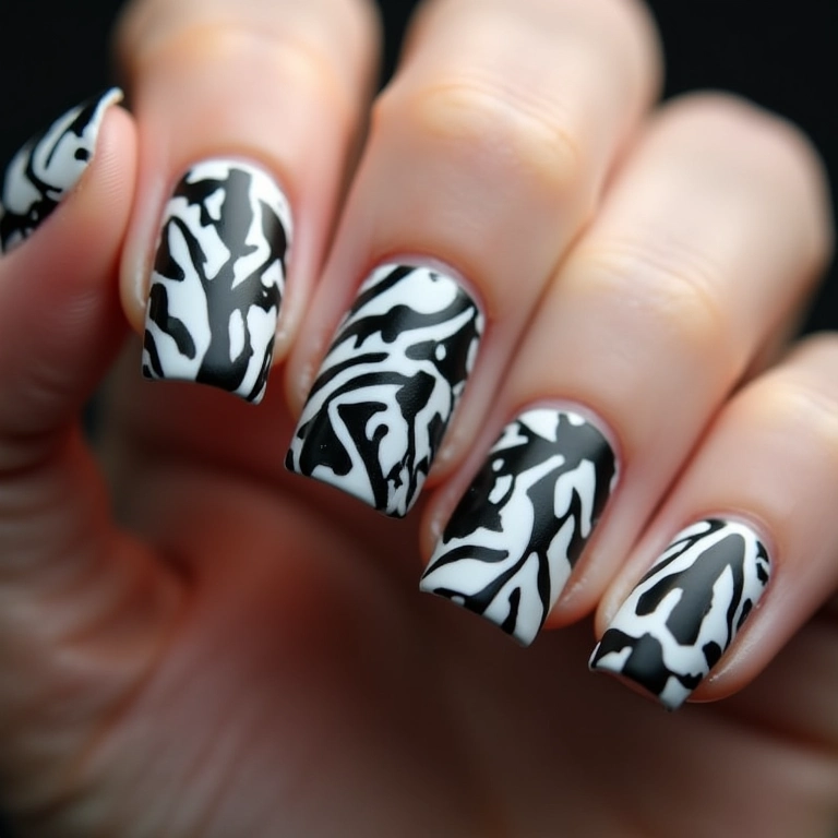 Unhas geométricas em preto e branco, design abstrato e moderno.