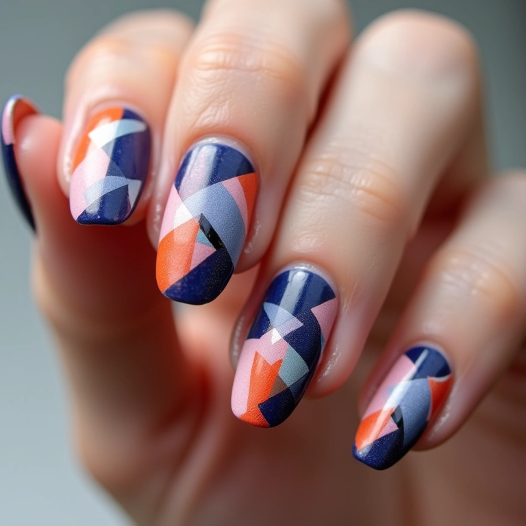 Unhas geométricas modernas com linhas e cores vibrantes.