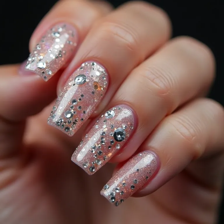 Unhas glamourosas com pedrarias e strass em gel.