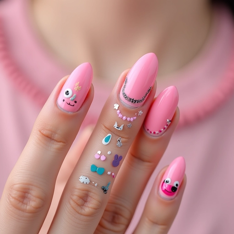Unhas gravatinha com adesivos divertidos.