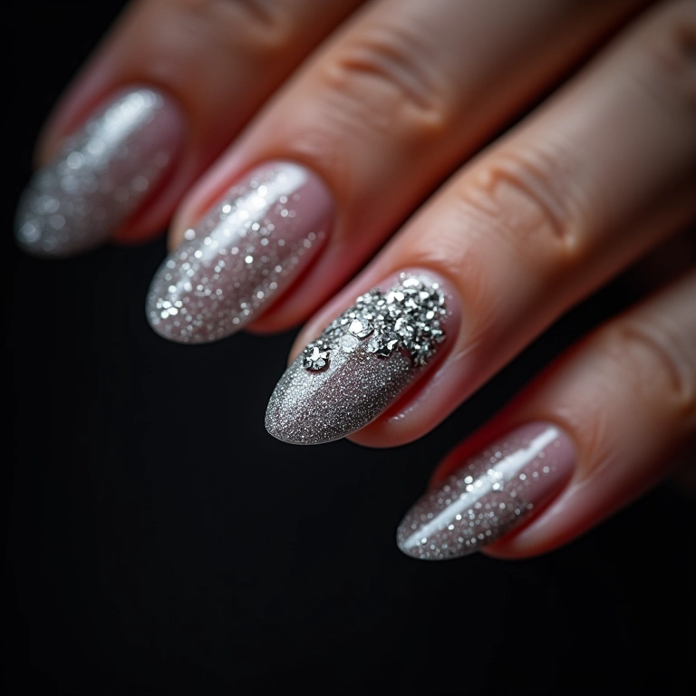 Unhas gravatinha com glitter e strass brilhantes.