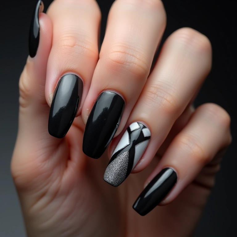 Unhas gravatinha em preto e branco clássico.