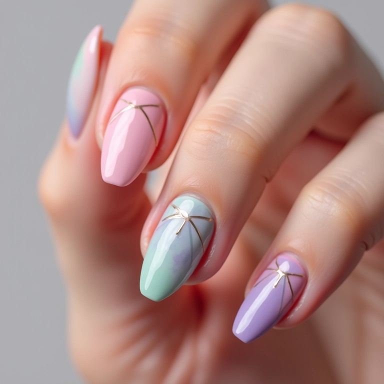 Unhas gravatinha minimalistas em tons pastel.