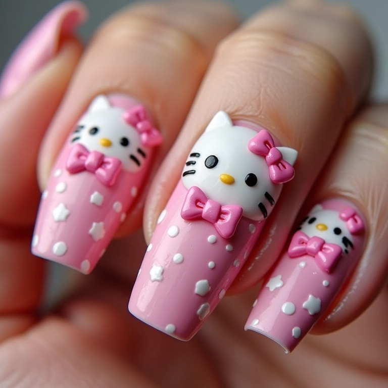 Unhas Hello Kitty 3D, design único e texturizado.