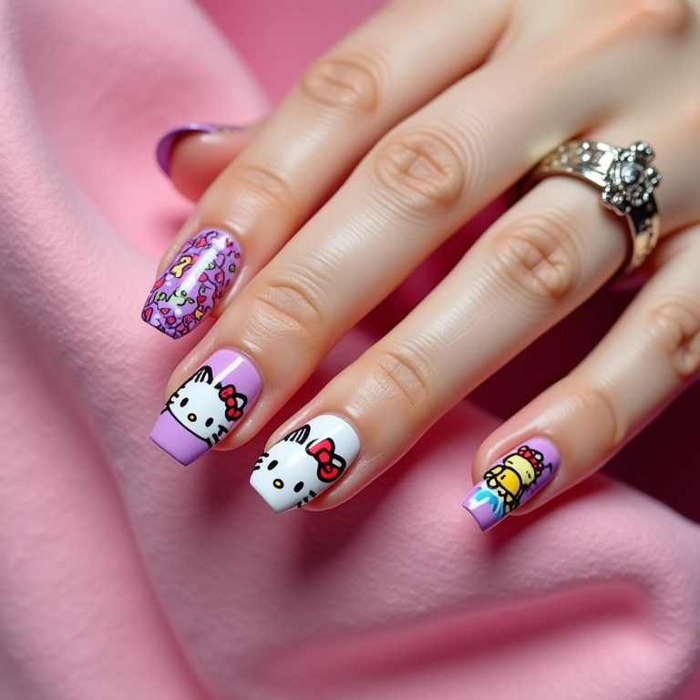 Unhas Hello Kitty coloridas, design vibrante e divertido.